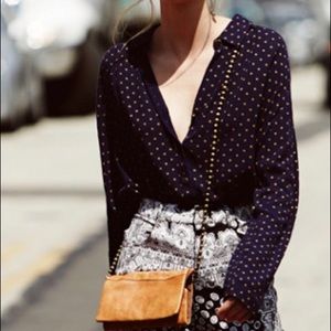 Free People longsleeve ruffle buttondown navy dots